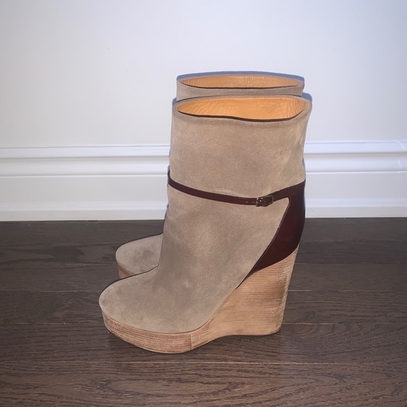 Chloe Shoes - Chloé Beige Suede Wedge Ankle Boots with Brown Leather Detail